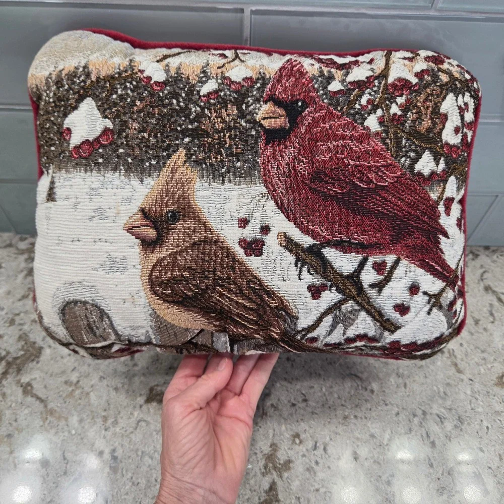 Vintage Cardinal Birds Winter‎ Tapestry Accent Pillow Red Velvet Back 14x10